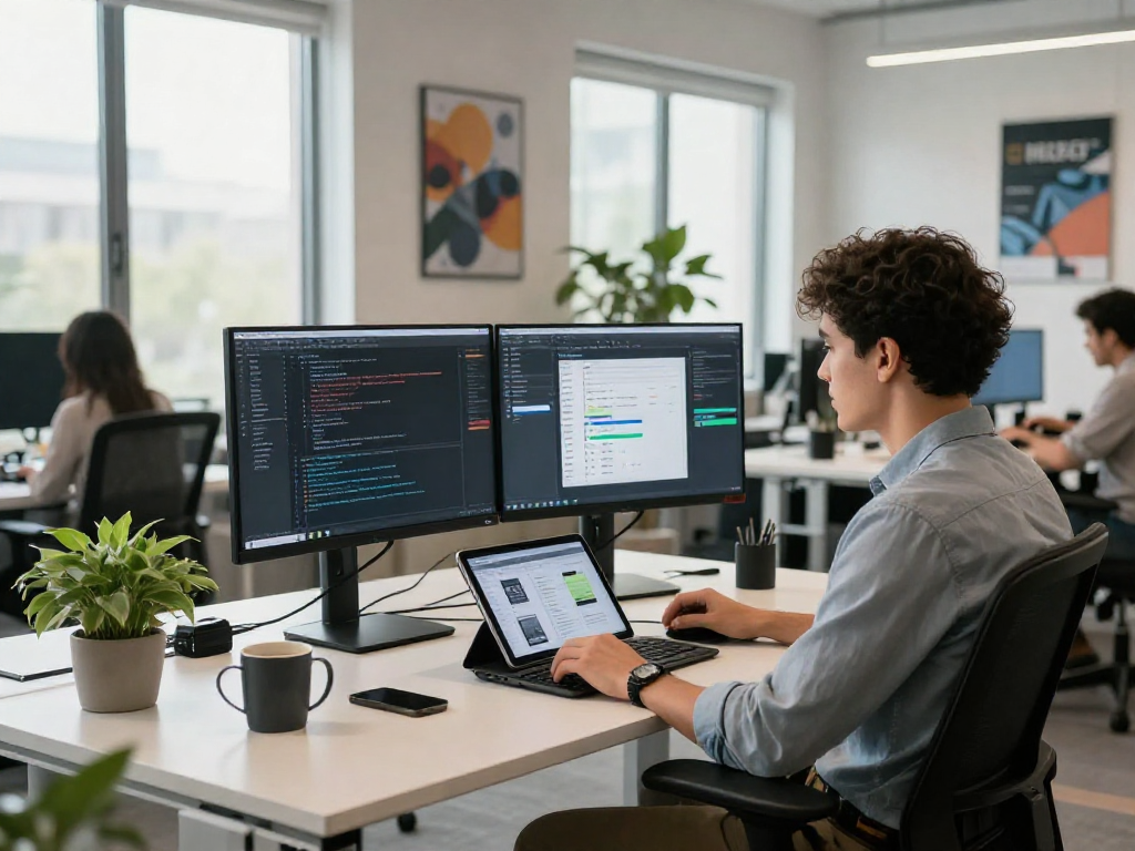 Developer using lavowin login in a modern workspace with multiple screens and natural light.