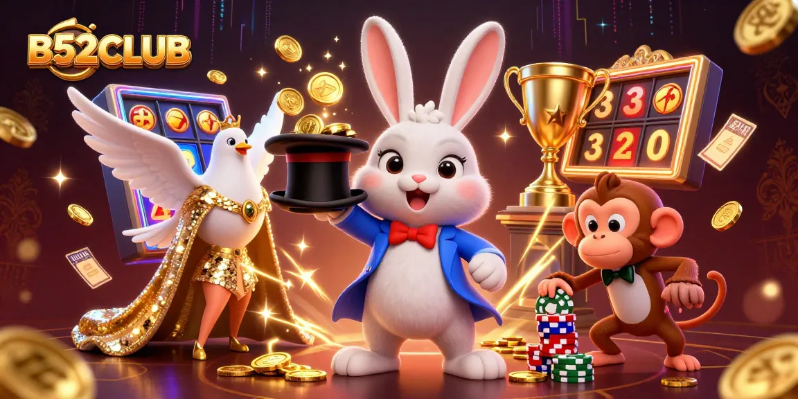 B52CLUB showcases a vibrant scene with a magician rabbit, dove, and monkey amidst exciting gaming elements.