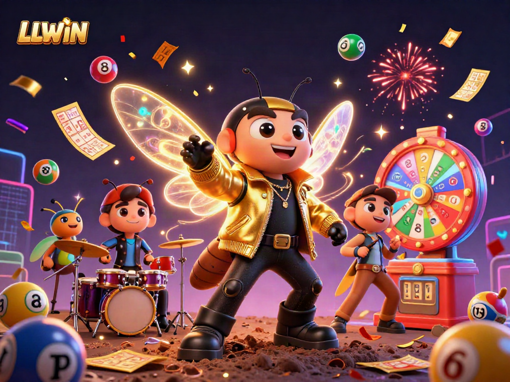 LLWIN captures excitement in a vibrant lottery scene with a rock star cicada surrounded by animated gaming elements.