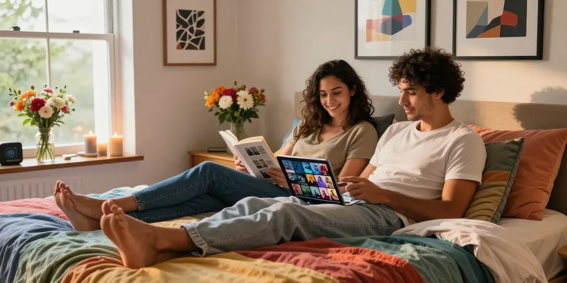 تender moment in a modern bedroom featuring a couple enjoying سكس مصري content on a tablet.