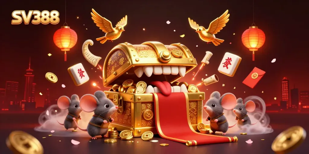 Interact with SV388: a vibrant illustration of a golden treasure chest amid festive gaming elements.