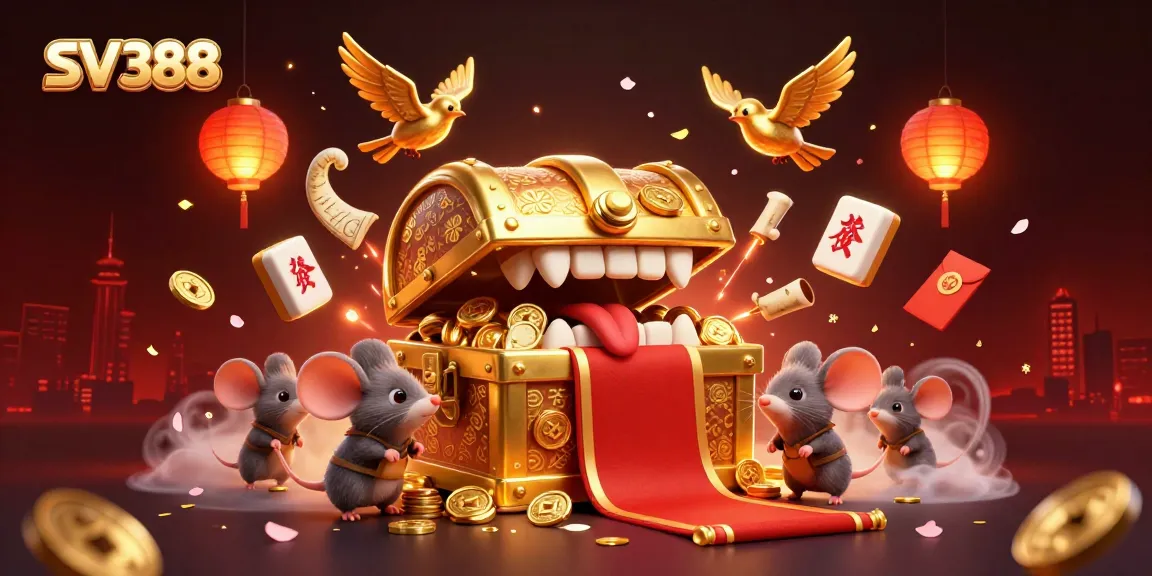 Interact with SV388: a vibrant illustration of a golden treasure chest amid festive gaming elements.