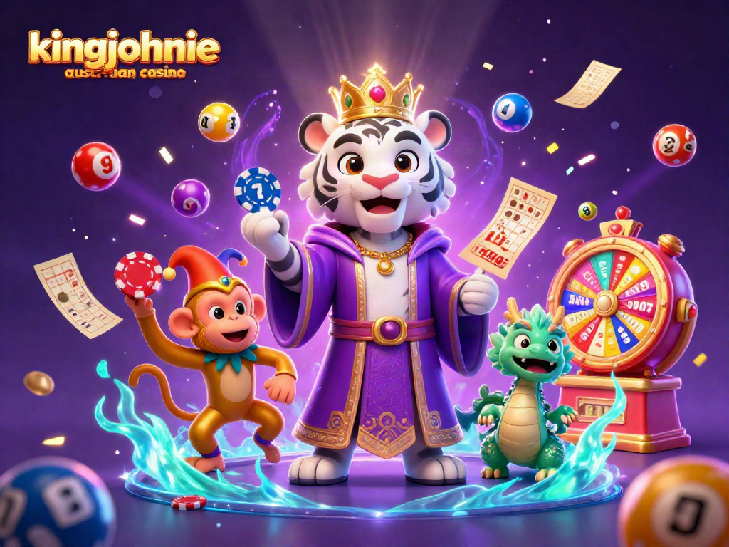 Engage in thrilling action at kingjohnnie australian casino, featuring vibrant characters amid festive gaming elements.