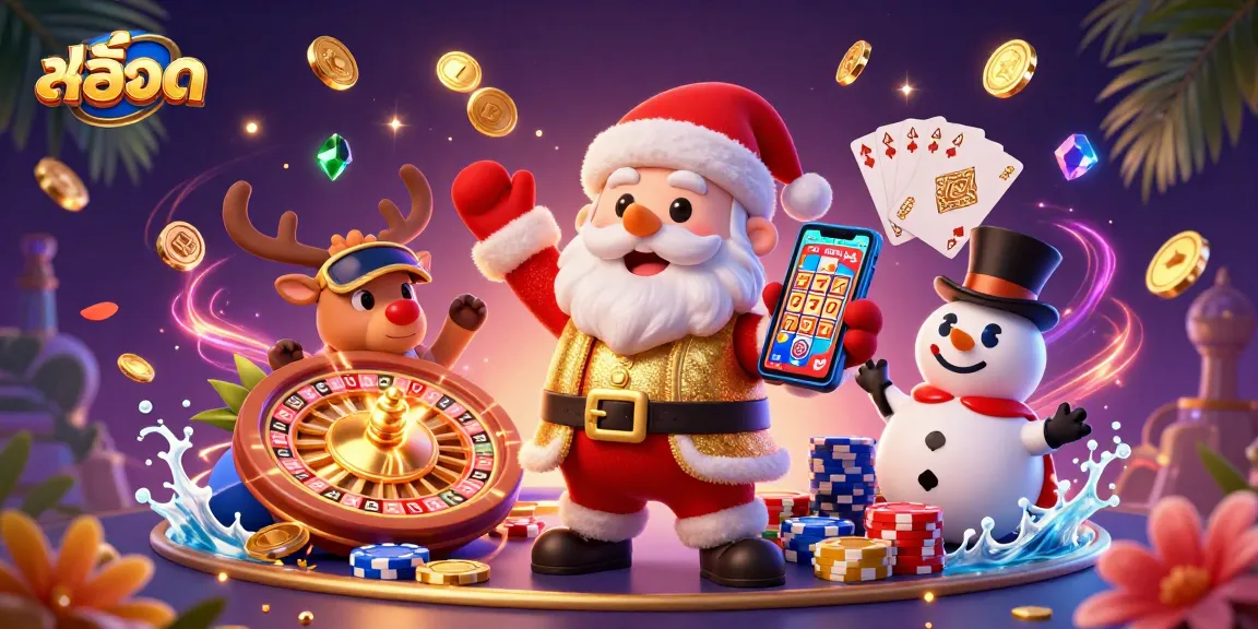 Experience exciting สล็อต gameplay with a lively Santa, reindeer dealer, and poker chip snowman in a vibrant casino scene.