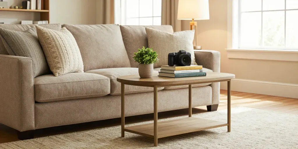 Cozy living room featuring a stylish sofa table that embodies Home The Spruce's design tips.