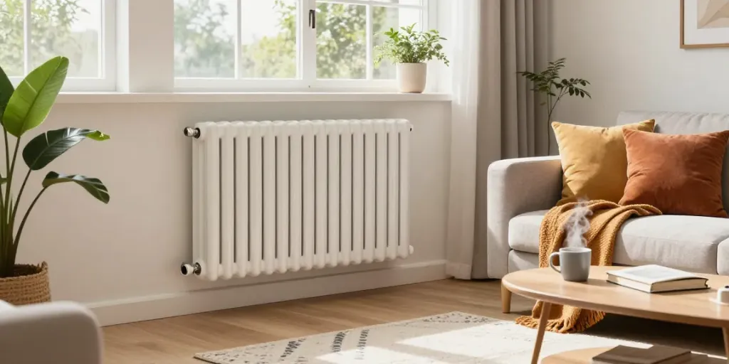 Modern living room with a sleek ceramic radiator, cozy sofa, and warm sunlight.