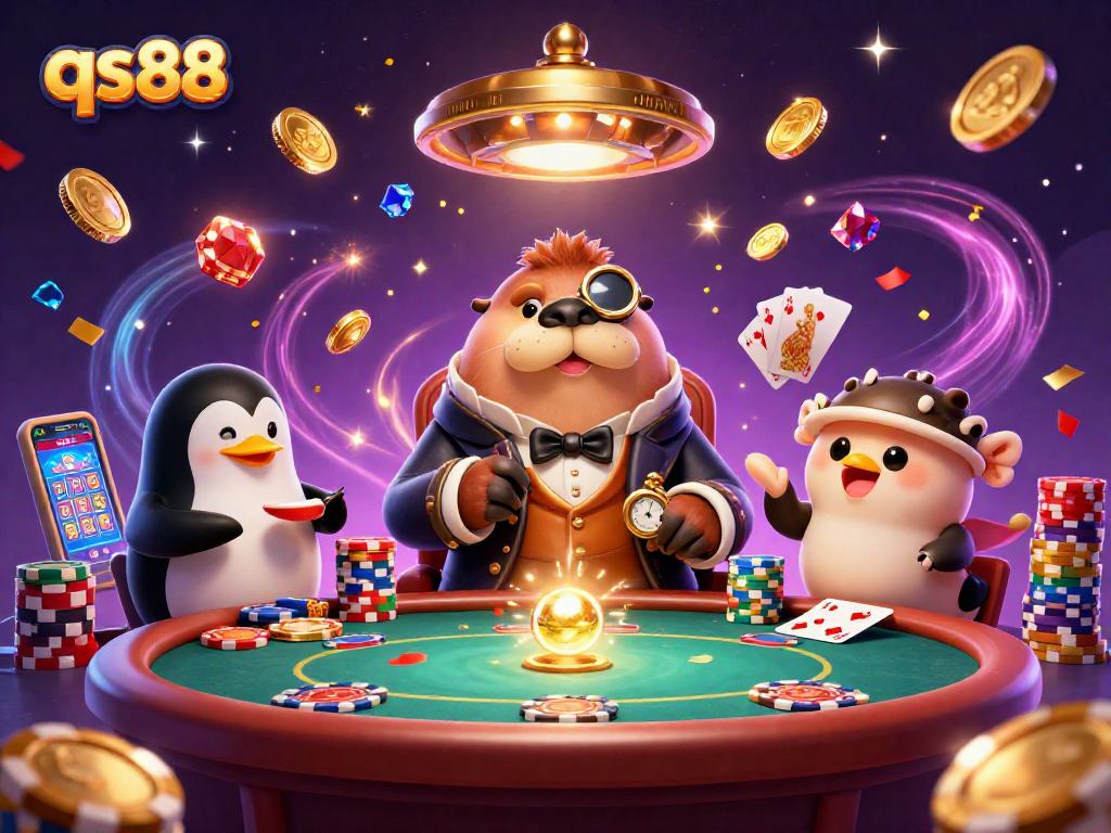 qs88 brings excitement to the underwater casino with a walrus, penguin dealer, and pufferfish player bluffing.