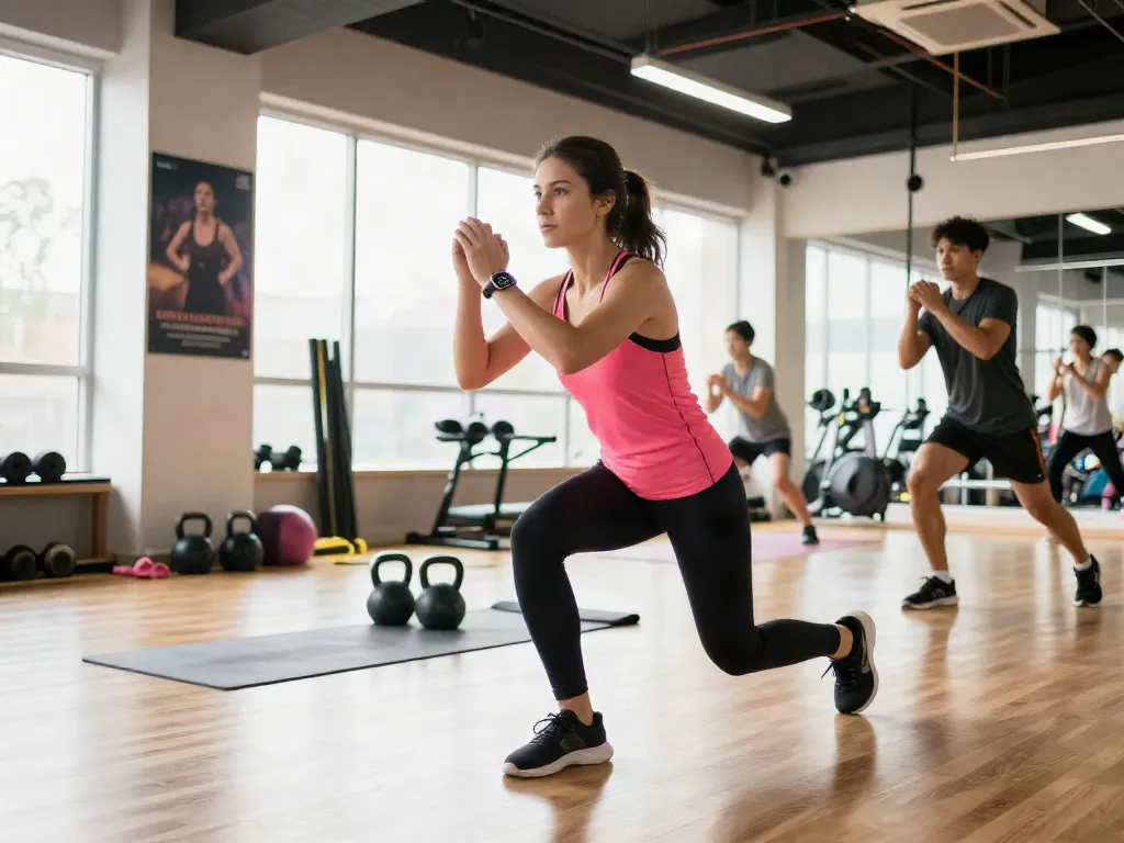 Active woman exercising in a vibrant gym full of energy and fitness equipment.