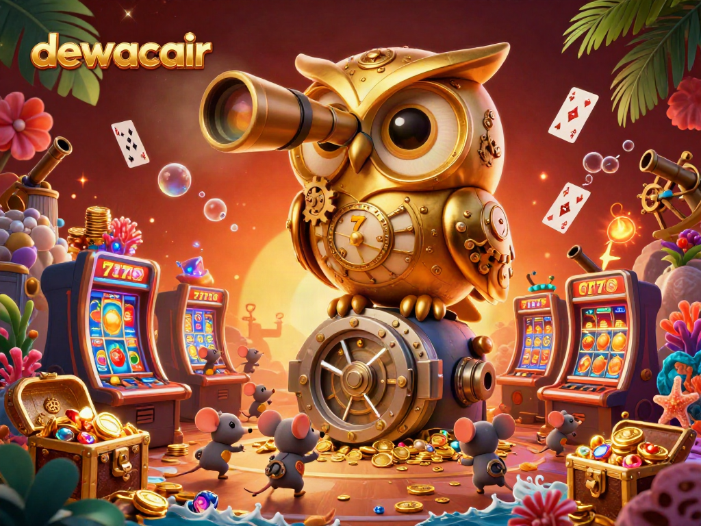 Experience the thrill of dewacair slots with an enchanting golden owl scanning a dynamic casino floor.