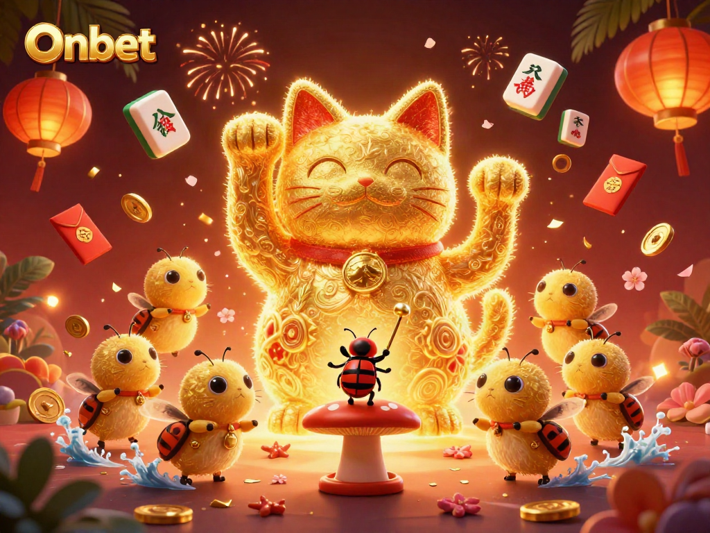 Engage with Onbet's vibrant casino experience featuring a golden lucky cat and dynamic game elements.