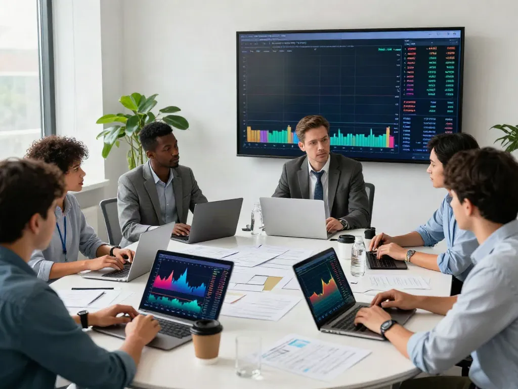 Group analyzing financial data on FintechZoom.com in a modern office setting.