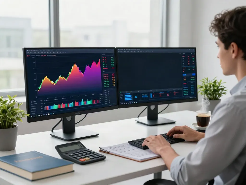 Trader analyzing MetaTrader 5 charts in a modern workspace with dual monitors and trading tools.
