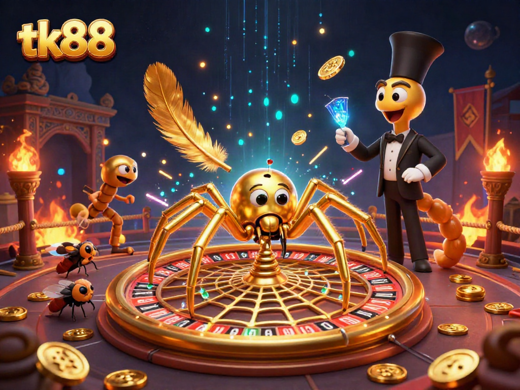 Bet on TK88 with a dynamic golden spider roulette scene featuring vibrant elements and engaging atmosphere.