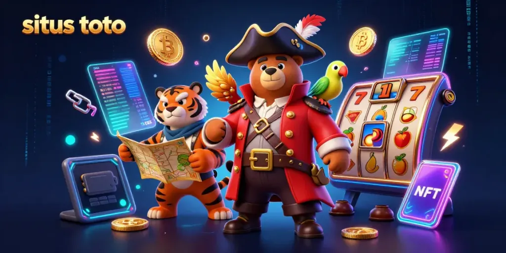 Players engaging in exciting slot games and baccarat on a situs toto platform with vibrant 3D characters.