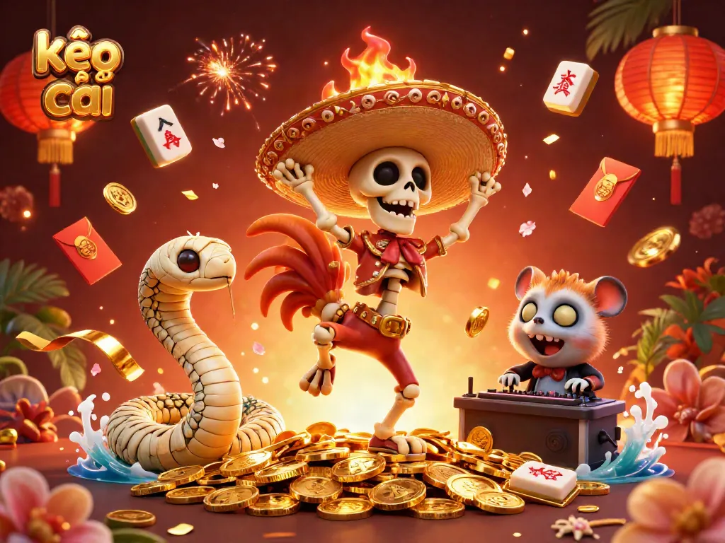 Engage with kèo nhà cái in a festive 3D illustration of characters celebrating victory in a vibrant casino environment.