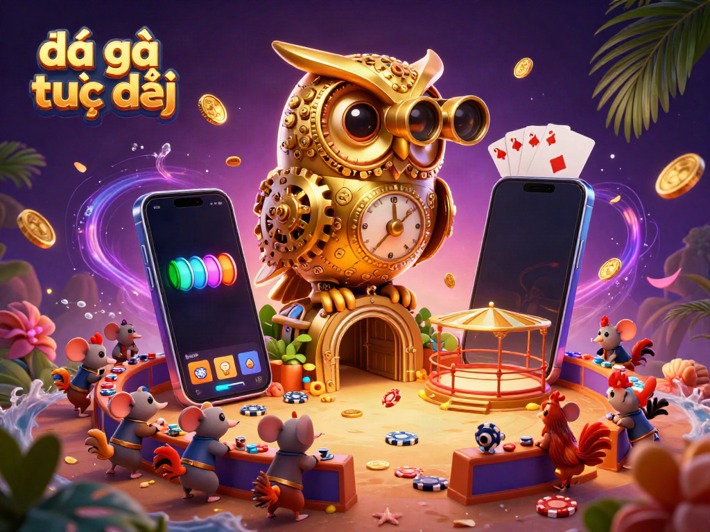 Watch đá gà trực tiếp action unfold with an animated golden owl overseeing a vibrant cockfighting arena.