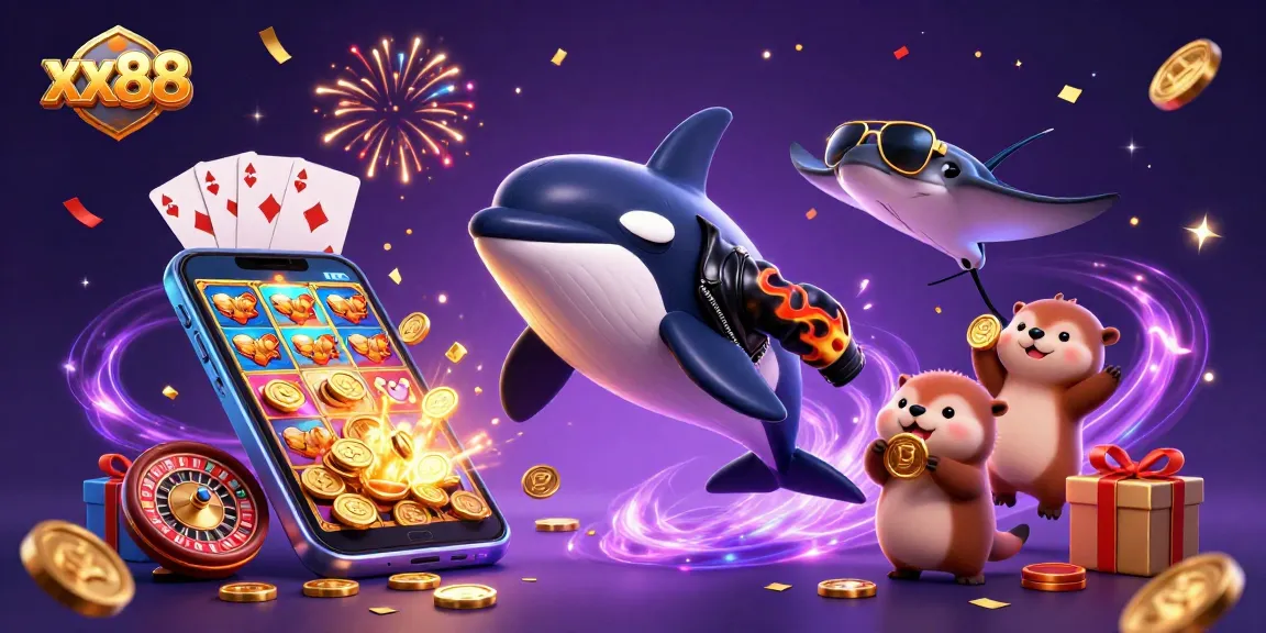 Win big with xx88 in this vibrant casino scene featuring characters and gaming elements.