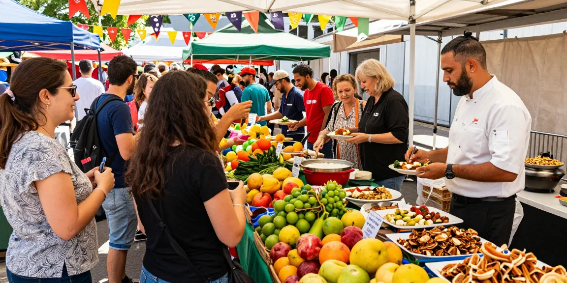 Explore local food culture at a vibrant outdoor market with fresh ingredients, chefs, and diverse crowds enjoying flavors of สล็อต.
