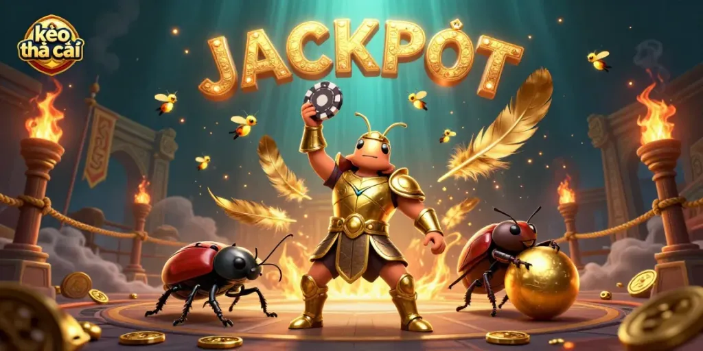 Join the excitement of kèo nhà cái with cartoon beetles celebrating a jackpot win in a vibrant casino scene.