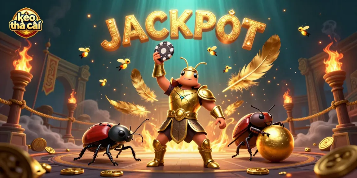 Join the excitement of kèo nhà cái with cartoon beetles celebrating a jackpot win in a vibrant casino scene.