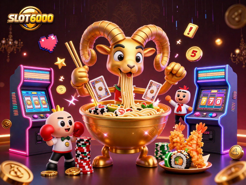 SLOT6000 showcases vibrant online gaming with dynamic characters and colorful casino elements.