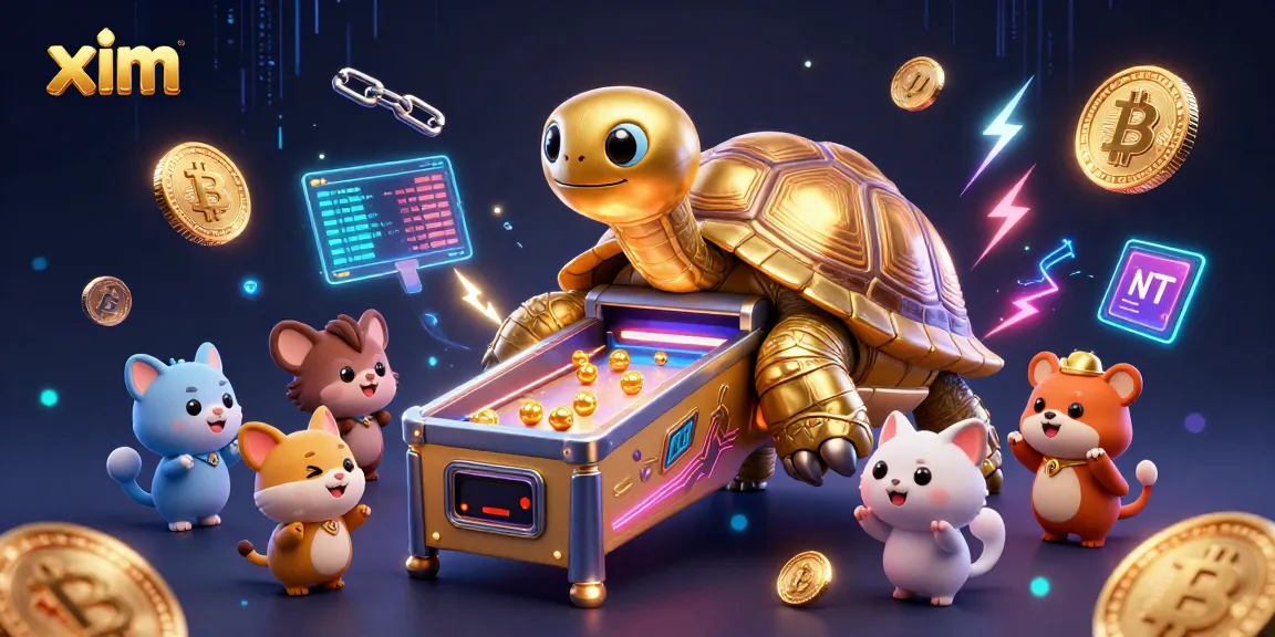 Engage in thrilling gameplay with xim featuring a golden tortoise pinball machine amidst crypto symbols.