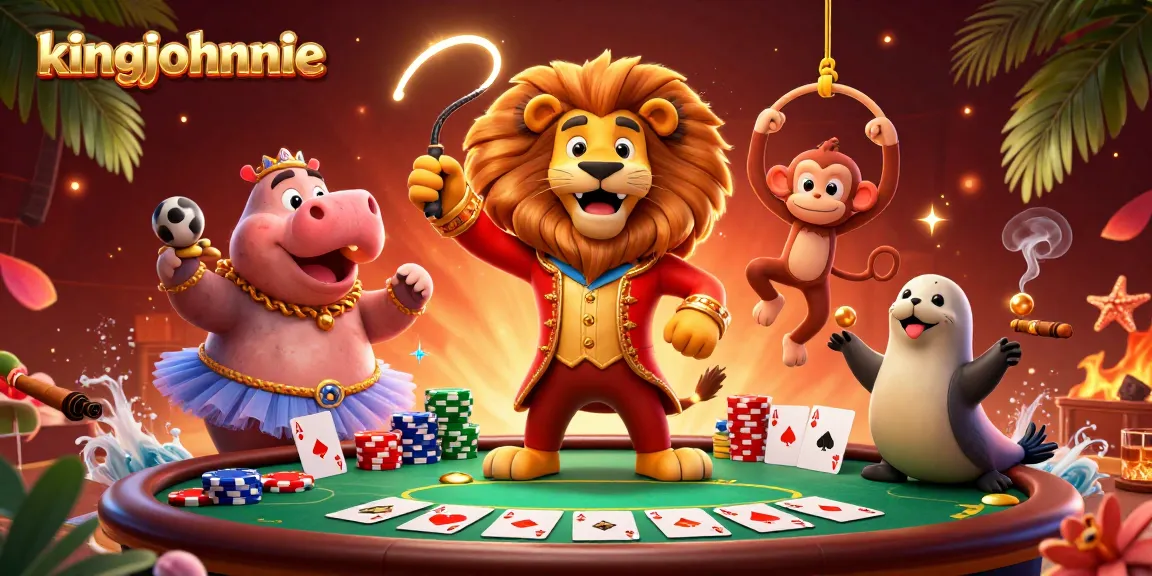 Experience kingjohnnie's vibrant casino atmosphere with playful cartoon characters engaging at a poker table.
