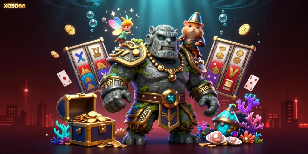 XOSO66 presents a magical golem, fairy, and hamster knight amidst colorful slot reels and treasure, showcasing vibrant casino excitement.