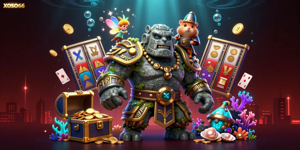 XOSO66 presents a magical golem, fairy, and hamster knight amidst colorful slot reels and treasure, showcasing vibrant casino excitement.