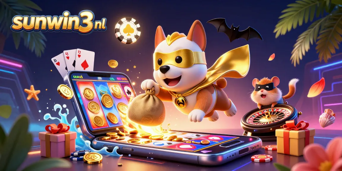 Experience thrilling games at sunwin3 nl with a heroic dog delivering riches amidst vibrant casino elements.