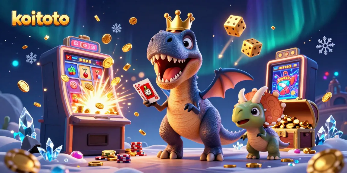 Koitoto brings excitement with a playful T-Rex and friends, surrounded by vibrant casino elements.