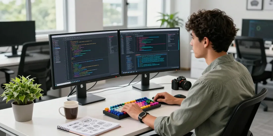 Motchill developer crafting applications in a modern tech workspace with dual monitors and vibrant coding interface.