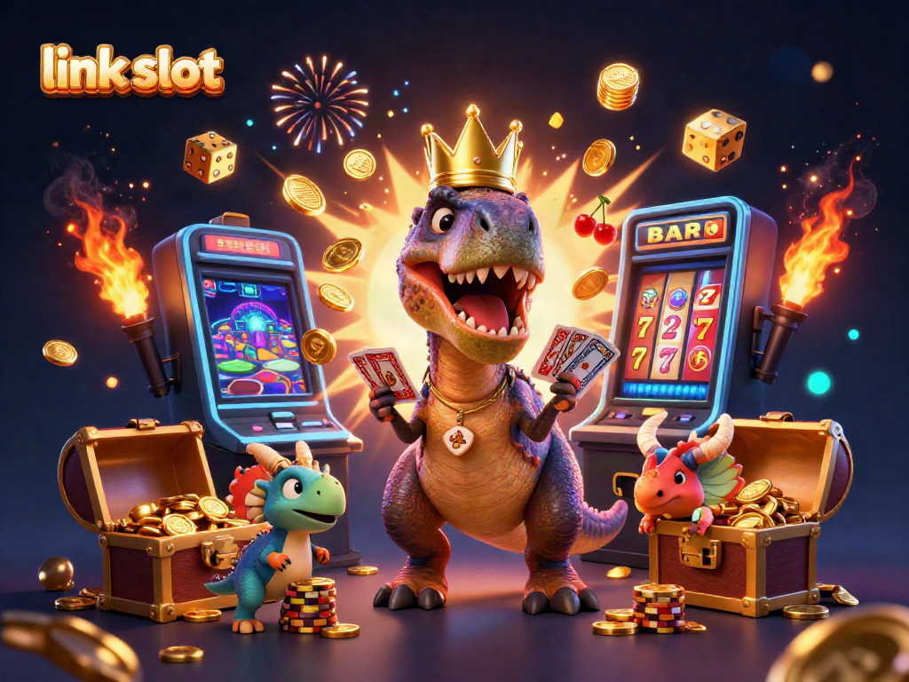 Spin the link slot for jackpots with a T-Rex dealer, dino friends, and vibrant casino elements.