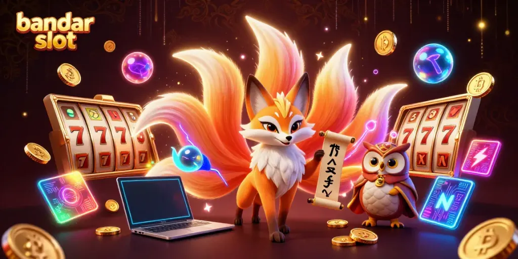 Experience thrilling gameplay with bandar slot showcasing vibrant slot reels and a mystical nine-tailed fox spirit.