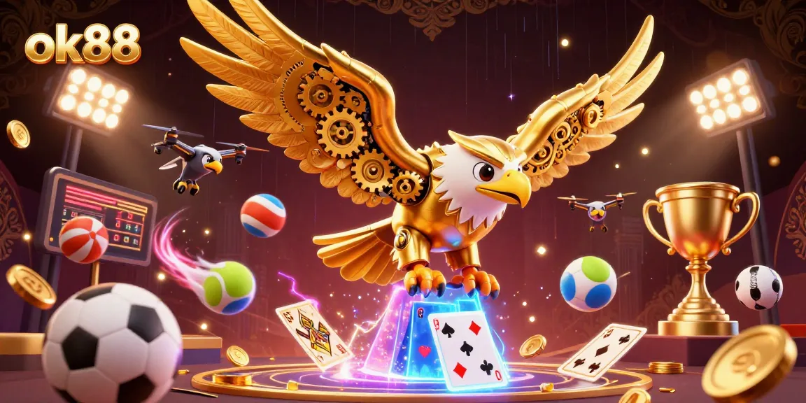 Engage with the thrilling world of ok88, showcasing a dynamic casino atmosphere packed with flying sports elements and a golden eagle.