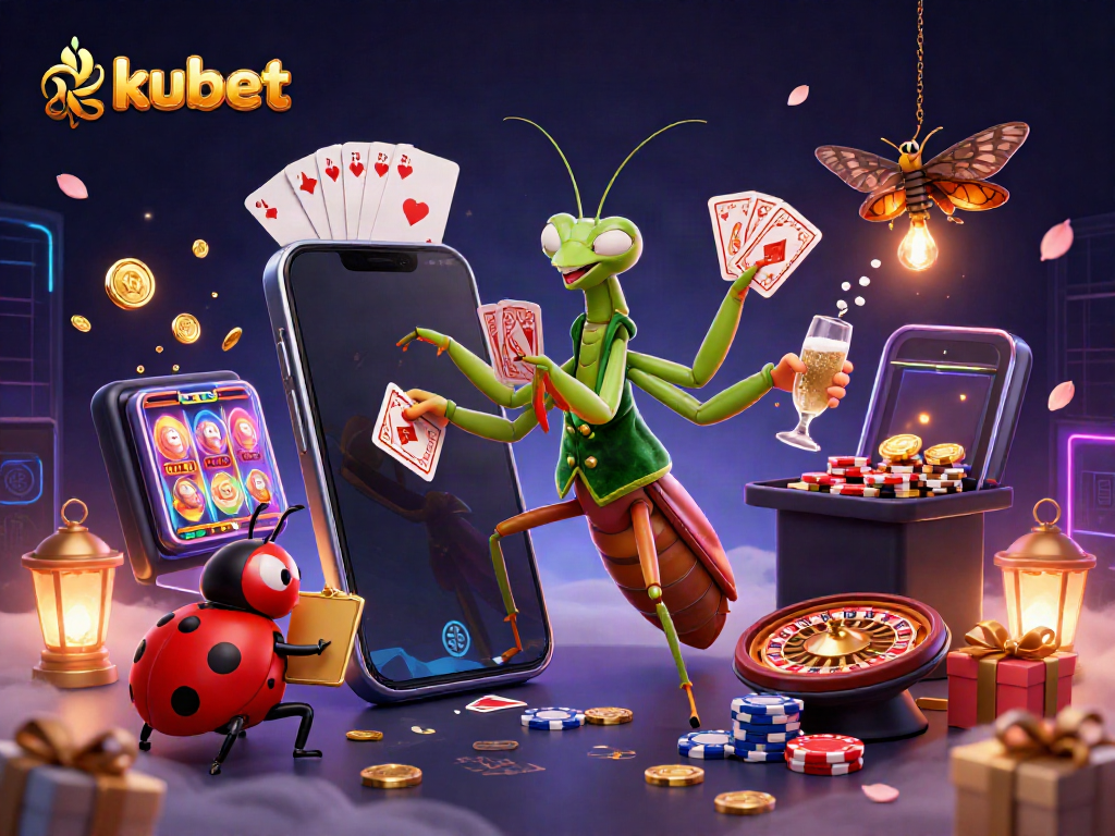 Engage in thrilling kubet gaming, featuring a mantis card sharp and ladybug pit boss in a vibrant casino.