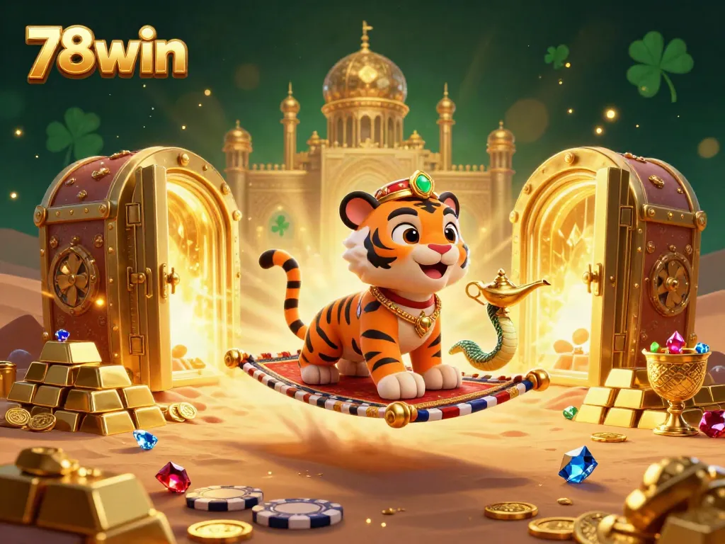 Experience thrilling wins with 78win's vibrant casino adventure, featuring a sultan and treasures.