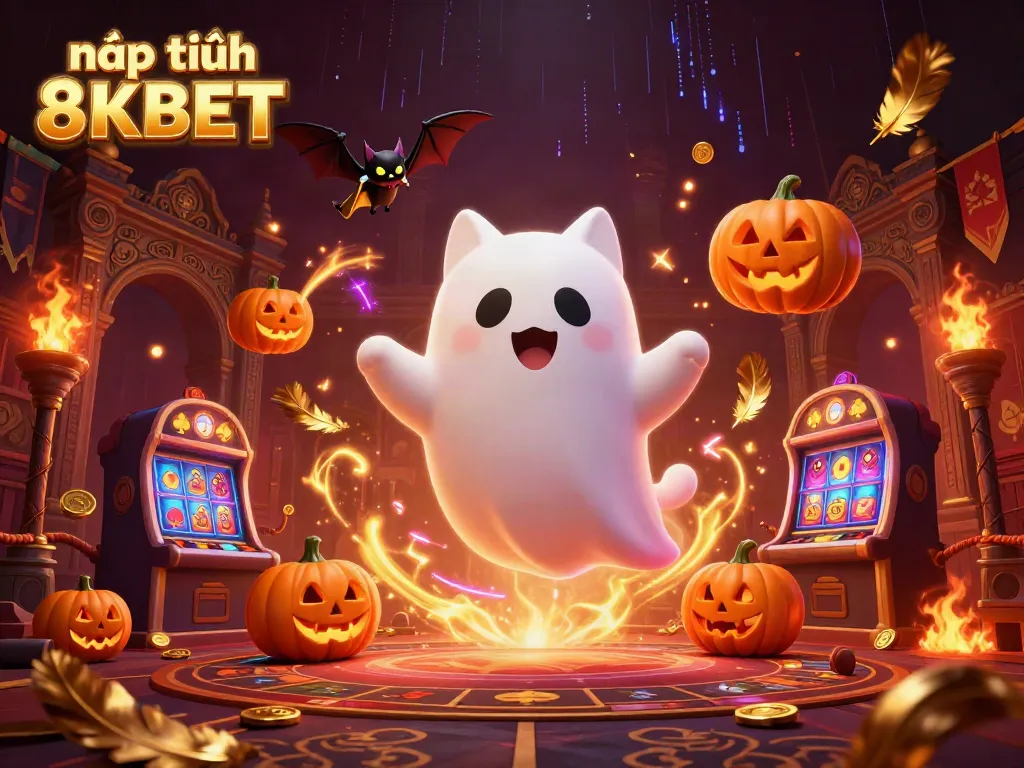 Experience nạp tiền 8KBET with a vibrant 3D illustration featuring a ghost cat in a haunted casino.