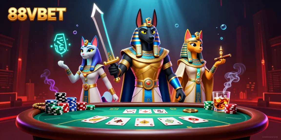 Play thrilling games at 88VBET featuring Anubis and Bastet in a vibrant casino scene.