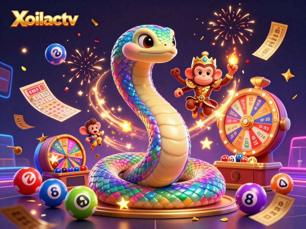 Xoilactv showcases a vibrant casino scene with a colorful rainbow serpent and dynamic lottery elements.