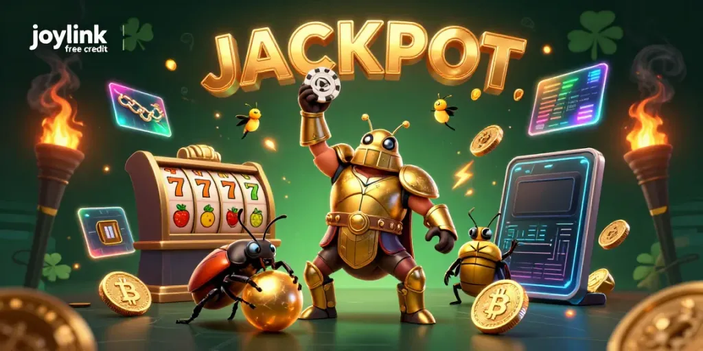 Experience joylink free credit with a heroic beetle champion amid a vibrant jackpot scene.