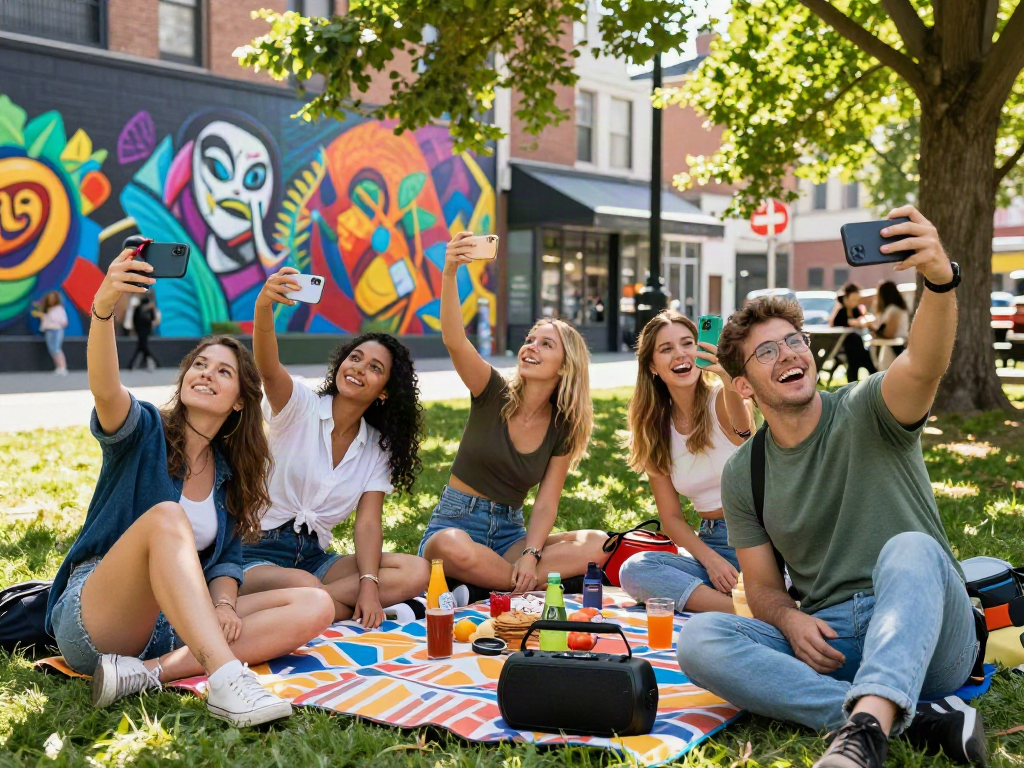 Group of friends testing attractiveness outdoors, enjoying the fun.