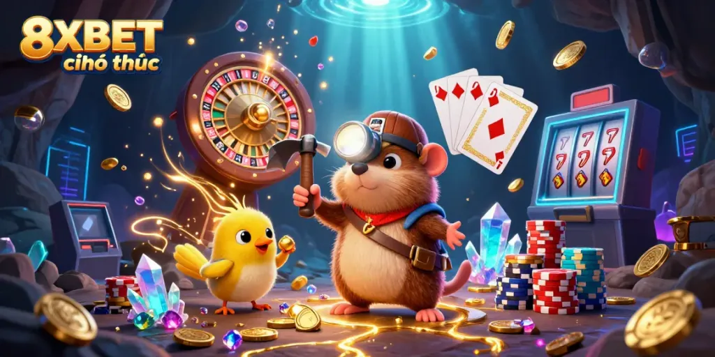 Experience the excitement of 8XBET chính thức through a vibrant 3D illustration brimming with casino elements.
