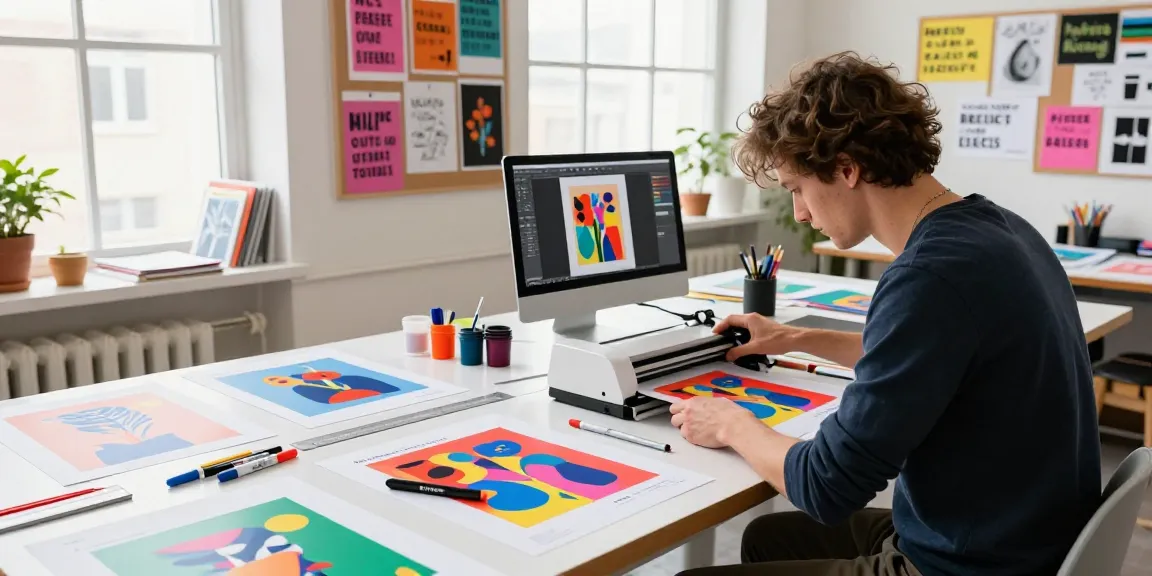Designer using poster making machines in a vibrant creative workspace, surrounded by colorful art supplies.
