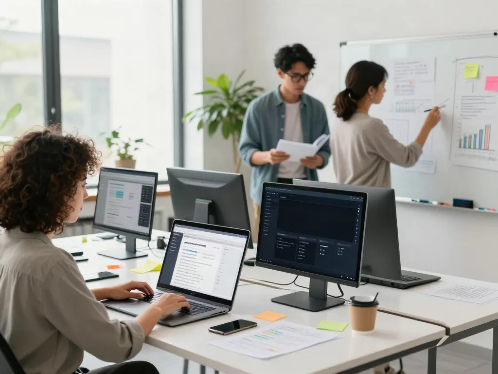 Team collaborating in a professional setting using an AI collection page descriptions generator.