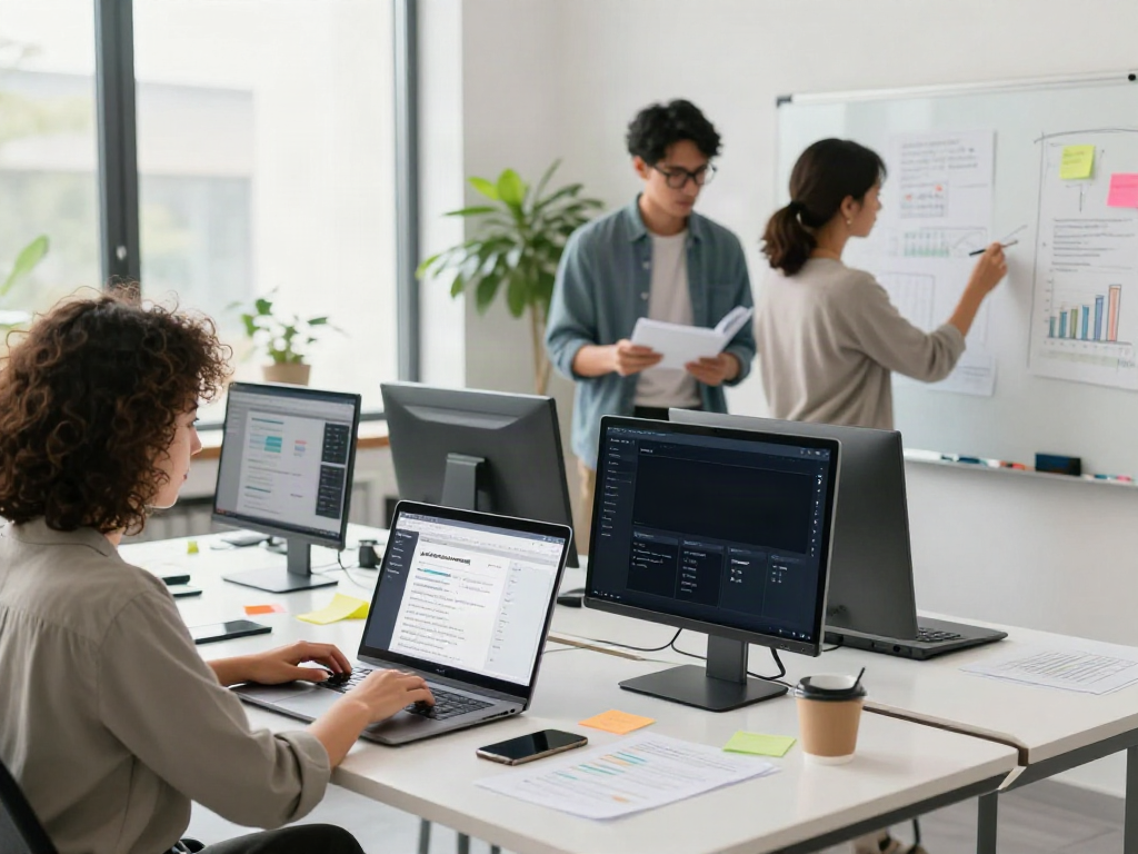 Team collaborating in a professional setting using an AI collection page descriptions generator.