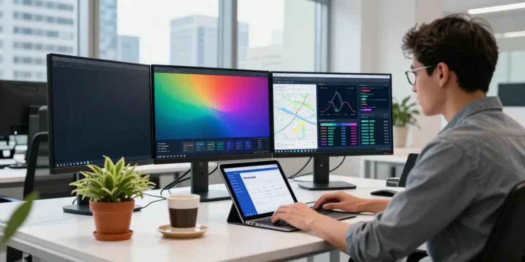 Outscraper developer analyzing Google Maps data in a modern workspace.