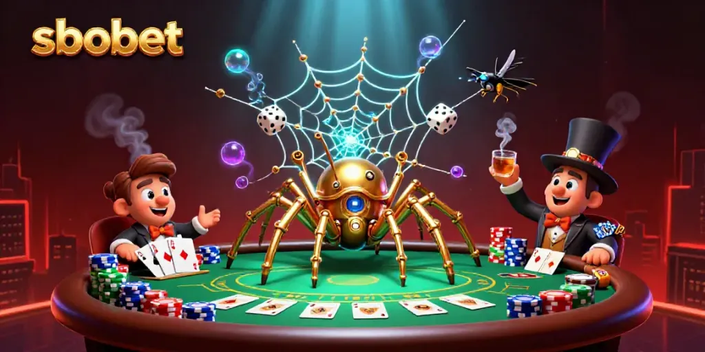 Engage with sbobet's thrilling sports betting world featuring a steampunk spider illustration.