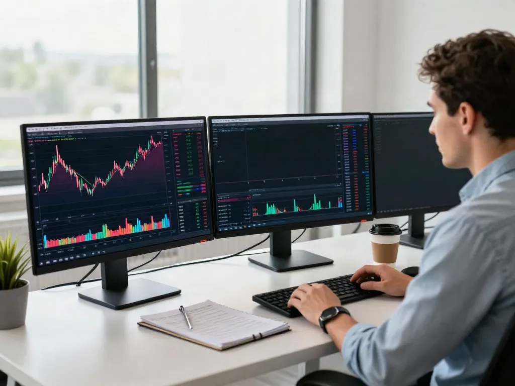 Live trading analysis with MetaTrader 5 on multiple screens in a modern office.
