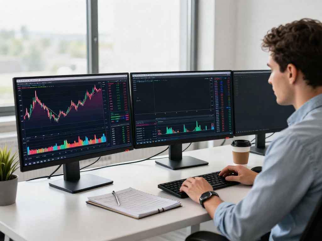 Live trading analysis with MetaTrader 5 on multiple screens in a modern office.